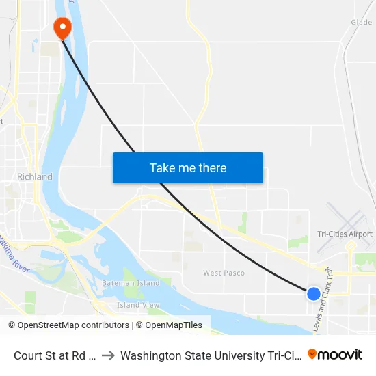 Court St at Rd 34 to Washington State University Tri-Cities map