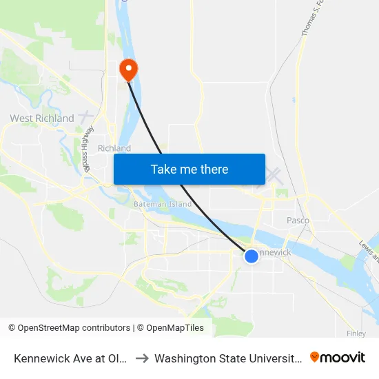 Kennewick Ave at Olympia St to Washington State University Tri-Cities map