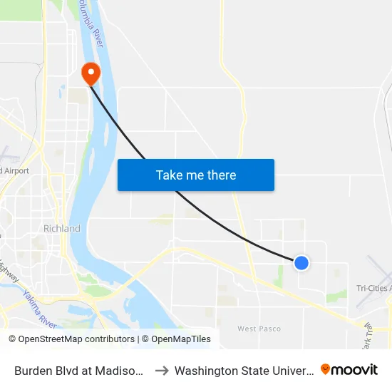 Burden Blvd at Madison Ave (South) to Washington State University Tri-Cities map