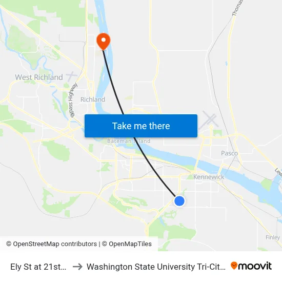 Ely St at 21st Pl to Washington State University Tri-Cities map