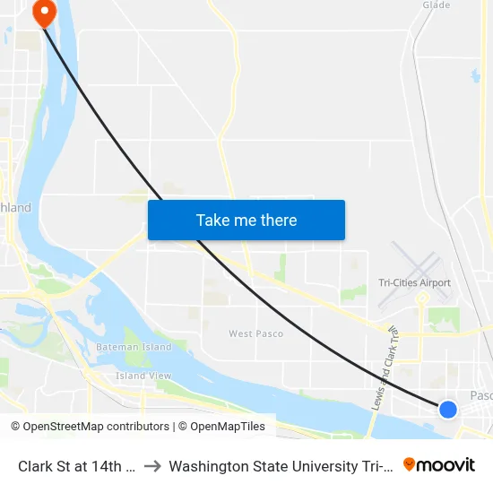 Clark St at 14th Ave to Washington State University Tri-Cities map