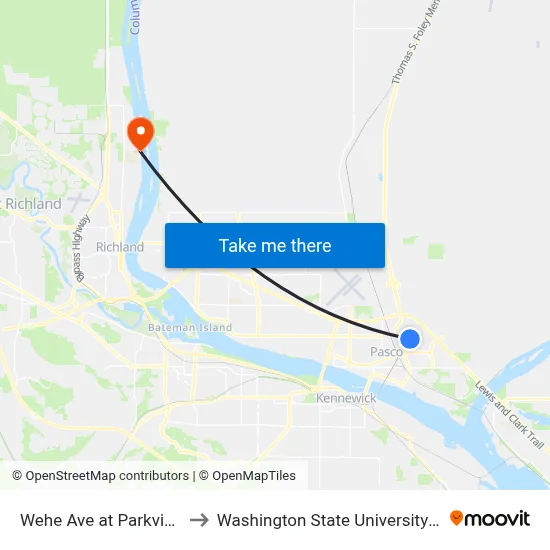Wehe Ave at Parkview Blvd to Washington State University Tri-Cities map
