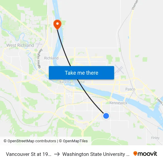 Vancouver St at 19th Ave to Washington State University Tri-Cities map
