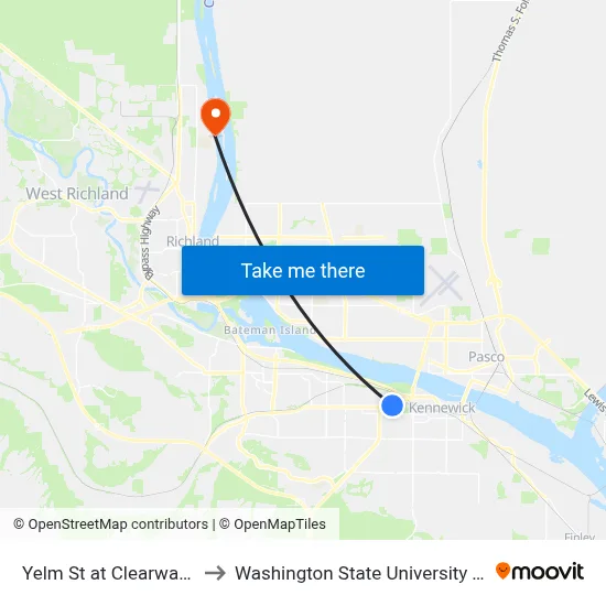 Yelm St at Clearwater Ave to Washington State University Tri-Cities map