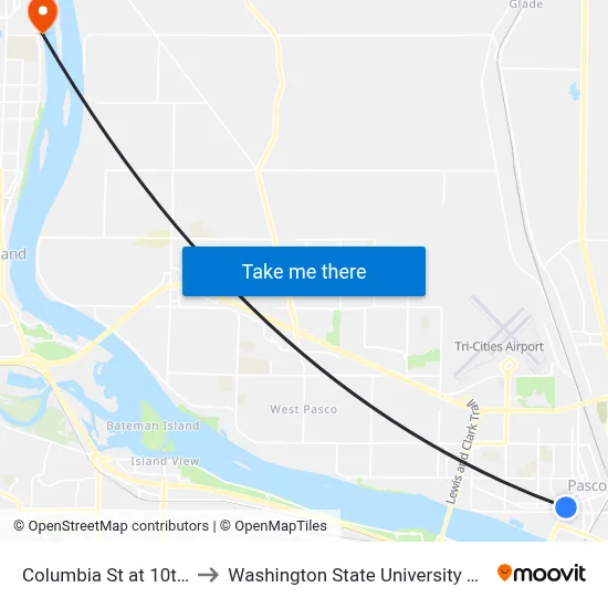 Columbia St at 10th Ave to Washington State University Tri-Cities map
