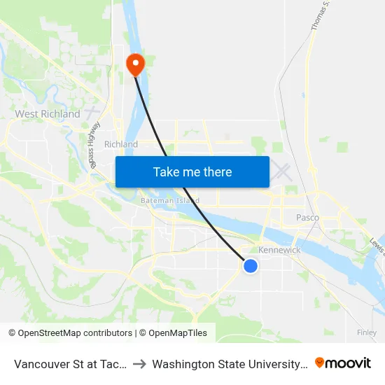 Vancouver St at Tacoma St to Washington State University Tri-Cities map