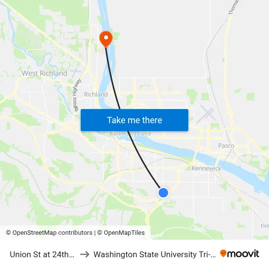 Union St at 24th Ave to Washington State University Tri-Cities map