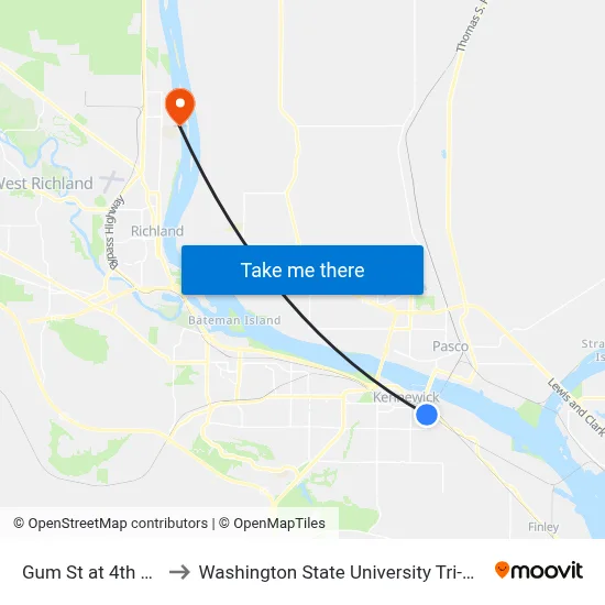 Gum St at 4th Ave to Washington State University Tri-Cities map