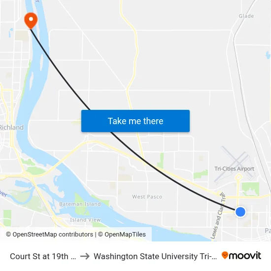 Court St at 19th Ave to Washington State University Tri-Cities map