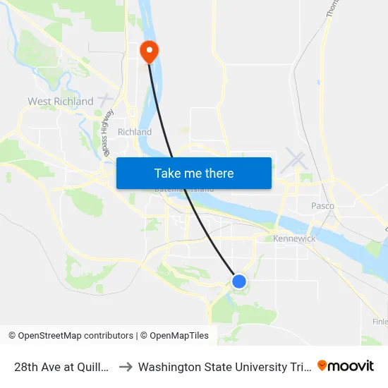 28th Ave at Quillan St to Washington State University Tri-Cities map