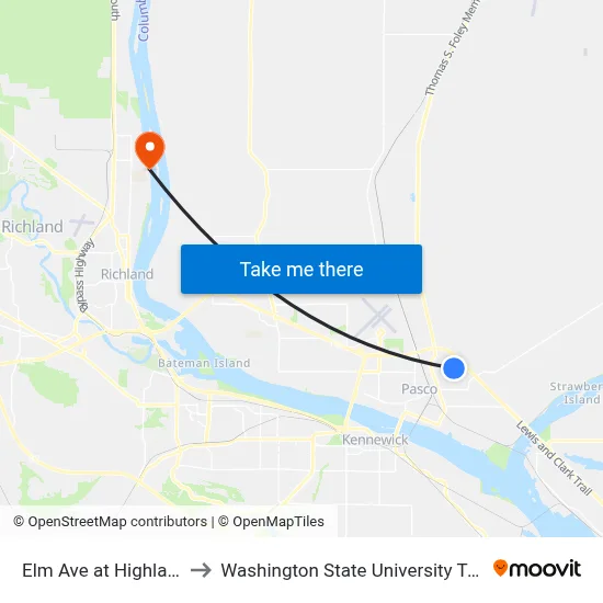 Elm Ave at Highland St to Washington State University Tri-Cities map
