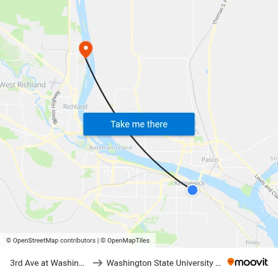 3rd Ave at Washington St to Washington State University Tri-Cities map