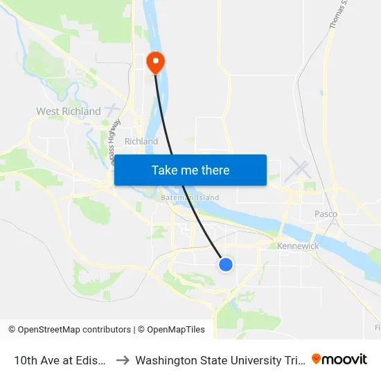 10th Ave at Edison St to Washington State University Tri-Cities map