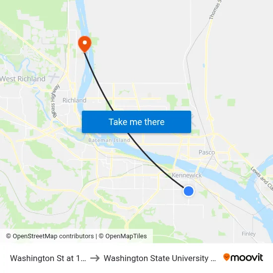Washington St at 12th Pl to Washington State University Tri-Cities map