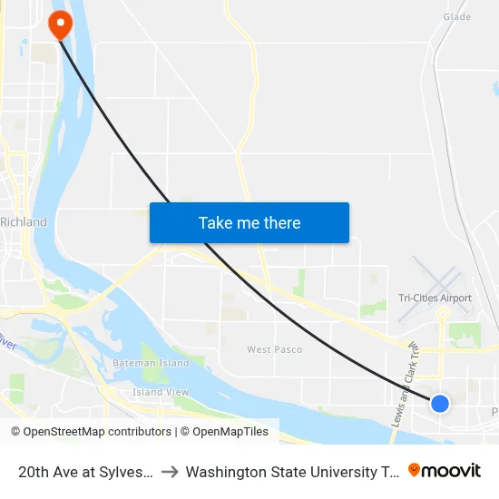 20th Ave at Sylvester St to Washington State University Tri-Cities map