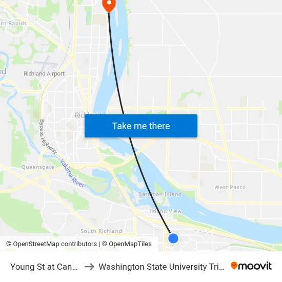 Young St at Canal Dr to Washington State University Tri-Cities map