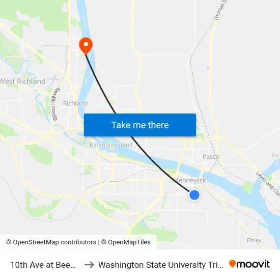 10th Ave at Beech St to Washington State University Tri-Cities map