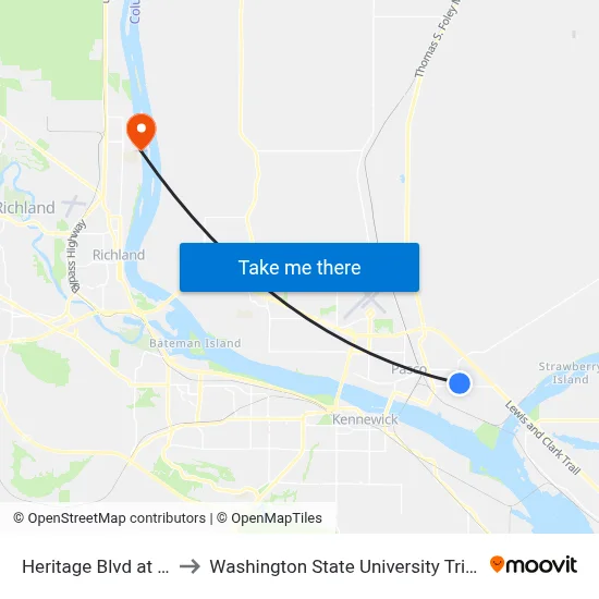 Heritage Blvd at A St to Washington State University Tri-Cities map