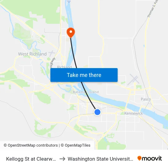 Kellogg St at Clearwater Ave to Washington State University Tri-Cities map