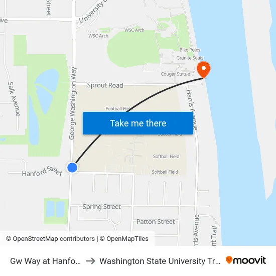 Gw Way at Hanford St to Washington State University Tri-Cities map