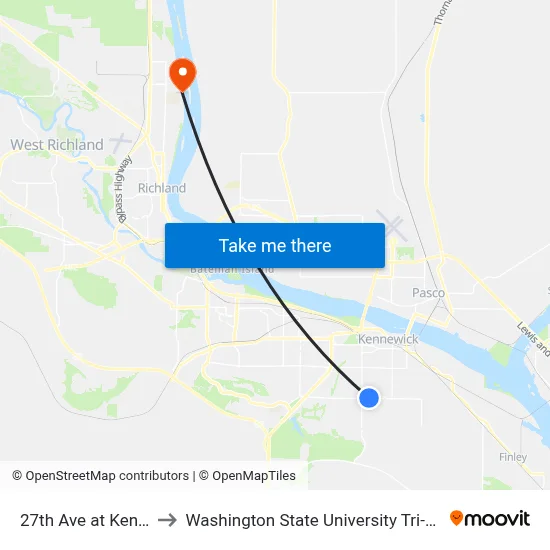 27th Ave at Kent St to Washington State University Tri-Cities map