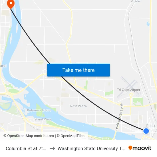 Columbia St at 7th Ave to Washington State University Tri-Cities map