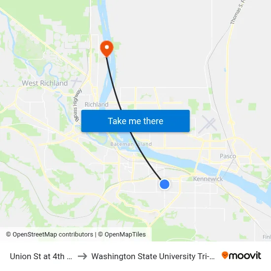 Union St at 4th Ave to Washington State University Tri-Cities map
