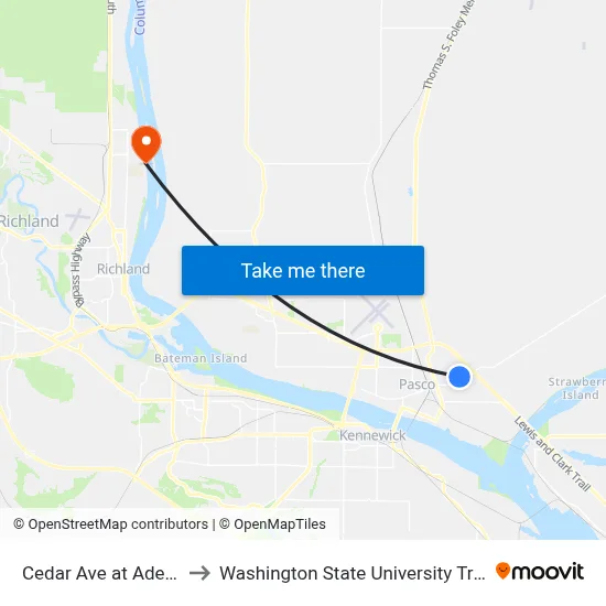 Cedar Ave at Adelia St to Washington State University Tri-Cities map