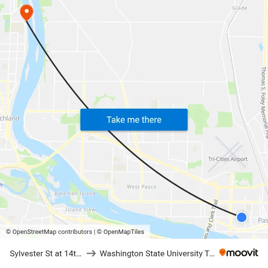 Sylvester St at 14th Ave to Washington State University Tri-Cities map