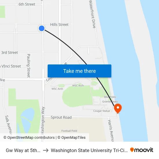 Gw Way at 5th St to Washington State University Tri-Cities map