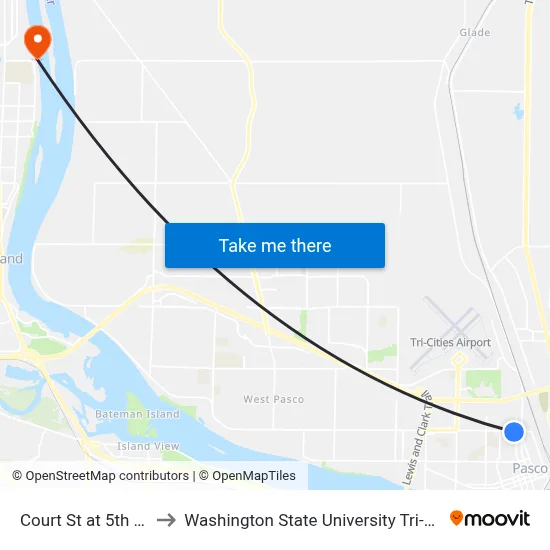 Court St at 5th Ave to Washington State University Tri-Cities map