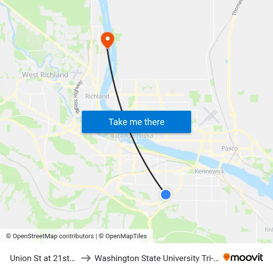 Union St at 21st Ave to Washington State University Tri-Cities map