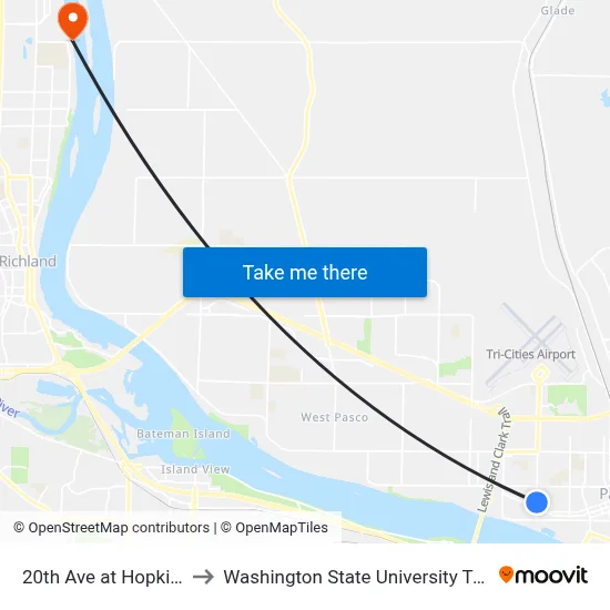 20th Ave at Hopkins St to Washington State University Tri-Cities map