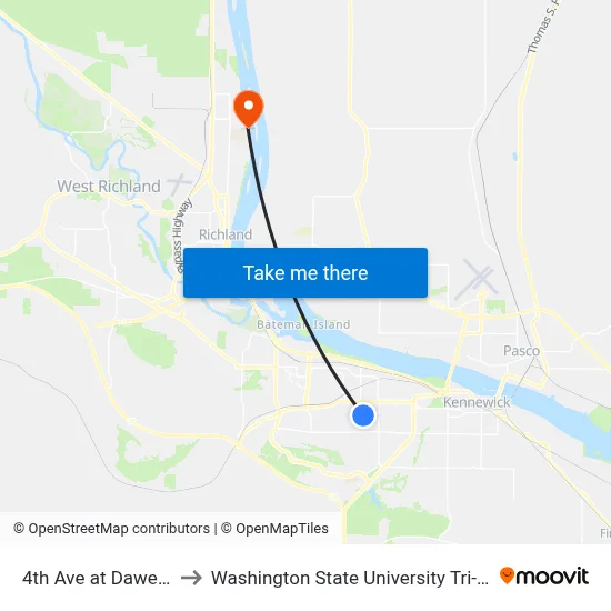 4th Ave at Dawes St to Washington State University Tri-Cities map
