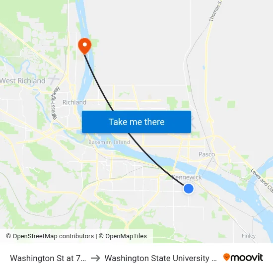 Washington St at 7th Ave to Washington State University Tri-Cities map