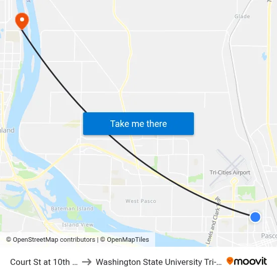 Court St at 10th Ave to Washington State University Tri-Cities map