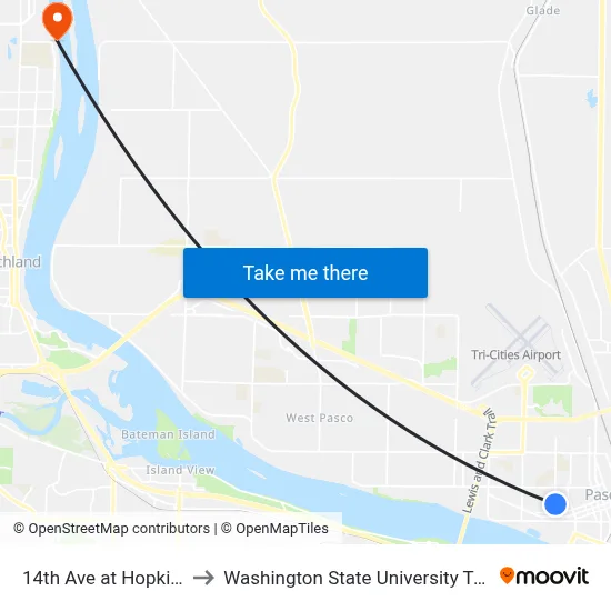 14th Ave at Hopkins St to Washington State University Tri-Cities map