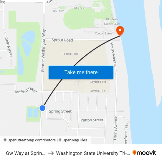 Gw Way at Spring St to Washington State University Tri-Cities map