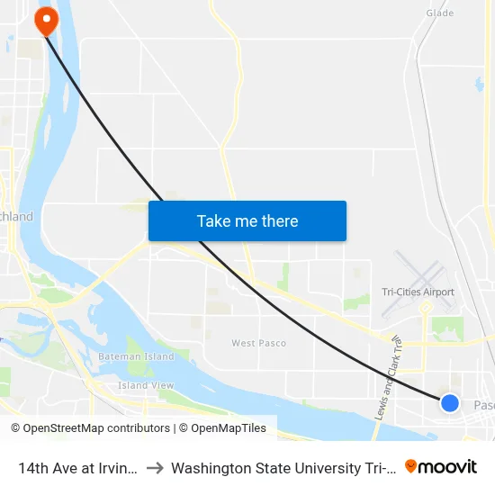 14th Ave at Irving St to Washington State University Tri-Cities map