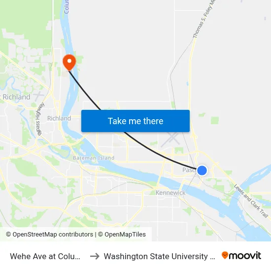 Wehe Ave at Columbia St to Washington State University Tri-Cities map