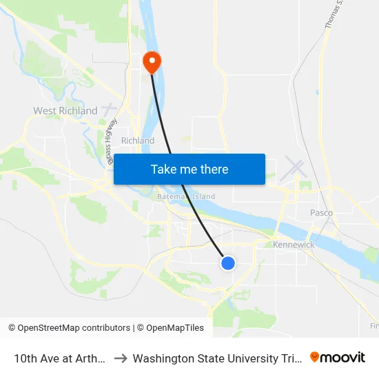 10th Ave at Arthur Pl to Washington State University Tri-Cities map