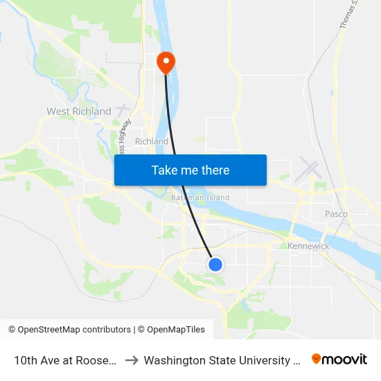 10th Ave at Roosevelt St to Washington State University Tri-Cities map