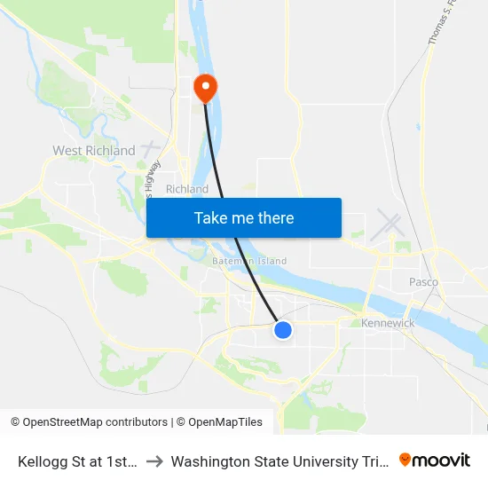 Kellogg St at 1st Ave to Washington State University Tri-Cities map