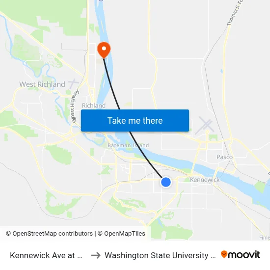 Kennewick Ave at Reed St to Washington State University Tri-Cities map