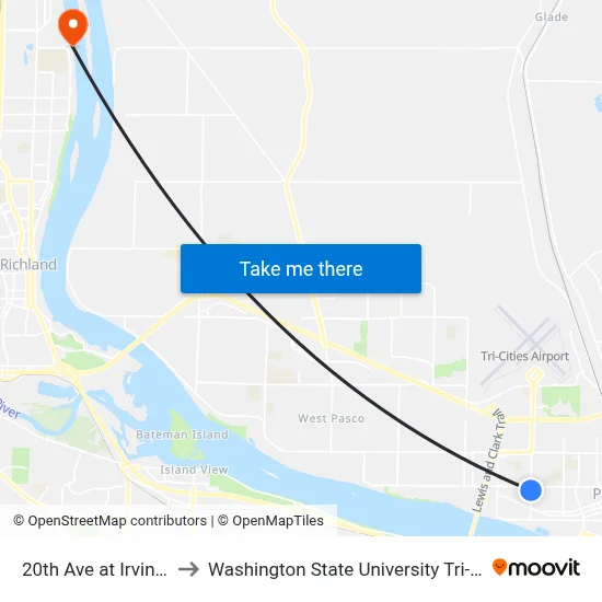 20th Ave at Irving St to Washington State University Tri-Cities map