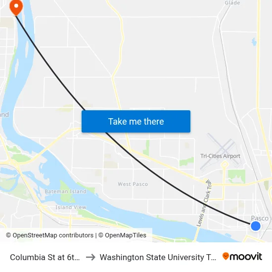 Columbia St at 6th Ave to Washington State University Tri-Cities map