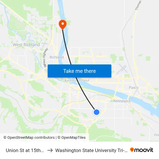 Union St at 15th Ave to Washington State University Tri-Cities map