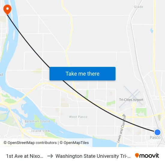 1st Ave at Nixon St to Washington State University Tri-Cities map