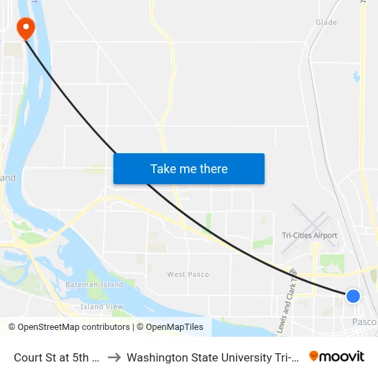 Court St at 5th Ave to Washington State University Tri-Cities map