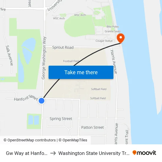 Gw Way at Hanford St to Washington State University Tri-Cities map